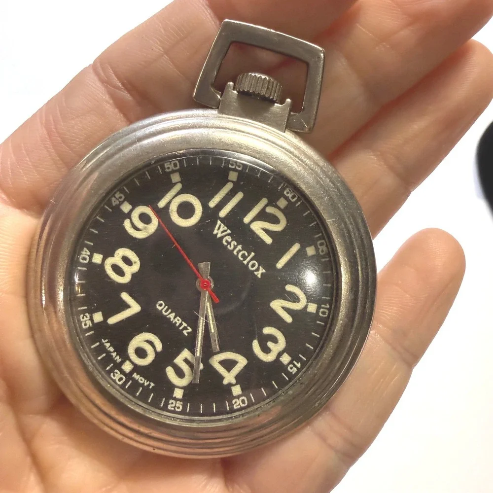 Westclox Quartz Pocket Watch Black Dial Silver Case Japan Large Works Numerals